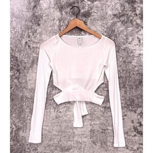 ALO Yoga Top Small Womens Barre Long Sleeve Waist Cutout Wrap Crop White Modal